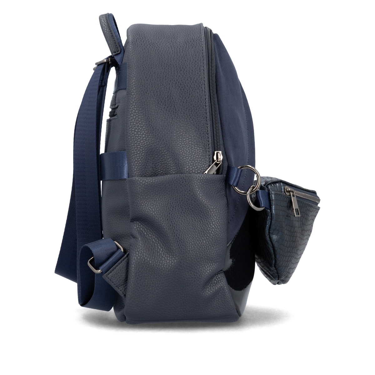 Sac à dos remonte Q0533-14 en bleu avec une poignée pour l'attacher à la poignée de valise et un sac banane amovible. Côté droit.