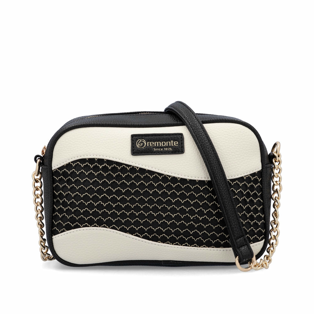 remonte Handtasche Q0639-02 in Schwarz-Kombi mit Kettendesign am verstellbaren Riemen und Reißverschluss. Vorderseite.