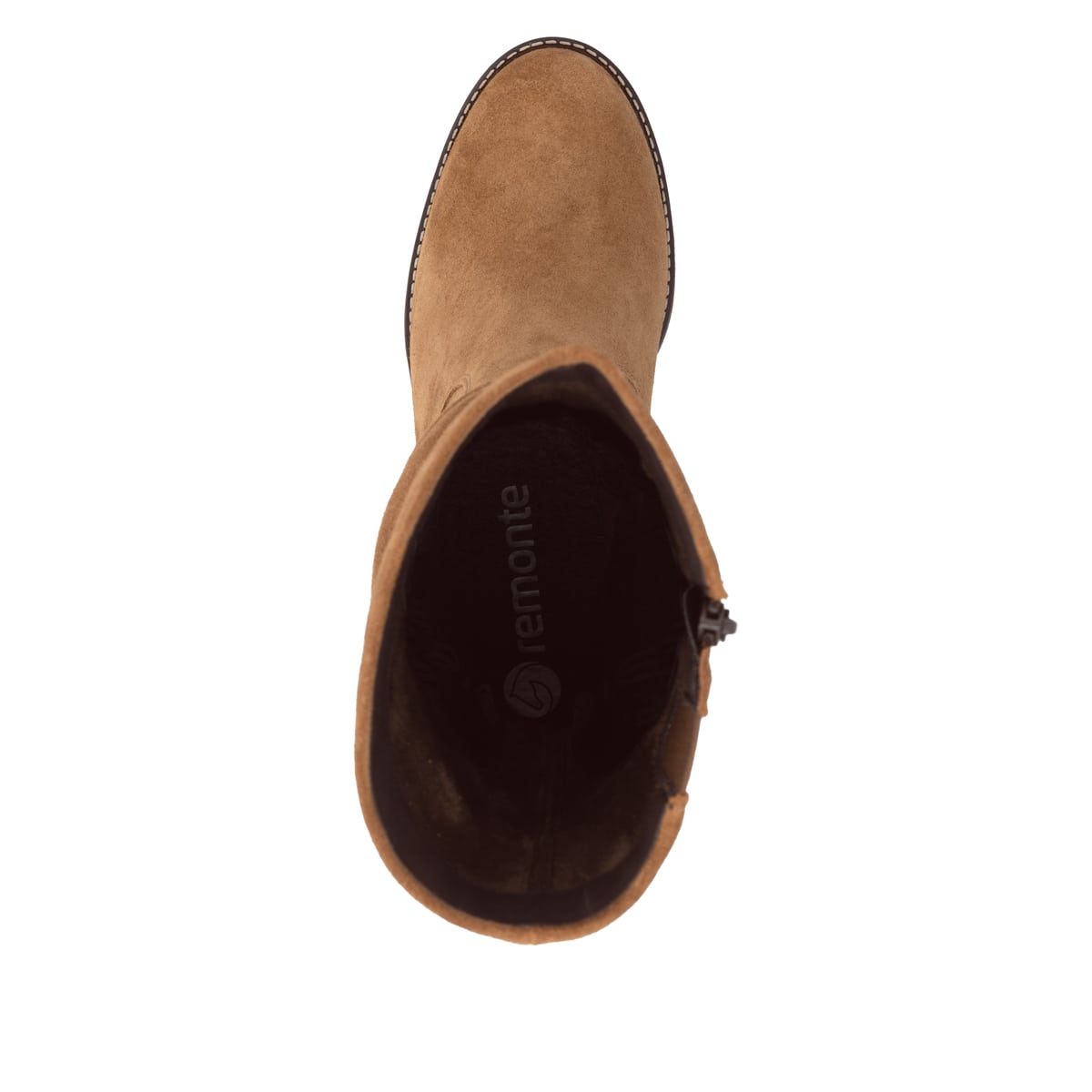 Cognacfarbene remonte Damen Stiefeletten D2A79-24 mit gerafftem Schaft. Schuh von oben.