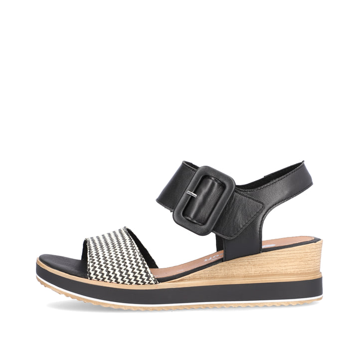 Schwarze remonte Keilsandaletten D6453-01 mit einem Klettverschluss. Schuh Außenseite.