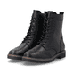 Schwarze remonte Damen Schnürstiefel D2Q73-00 mit einem Reißverschluss. Schuhpaar seitlich schräg.
