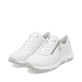 Weiße remonte Damen Sneaker Low D1S03-82 mit Reißverschluss sowie Komfortweite G. Schuhpaar seitlich schräg.