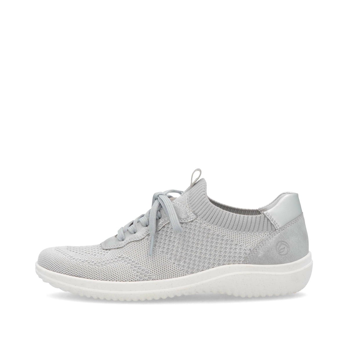 Graue remonte Damen Slipper D1E05-40 mit einem Gummizug sowie der Komfortweite G. Schuh Außenseite.