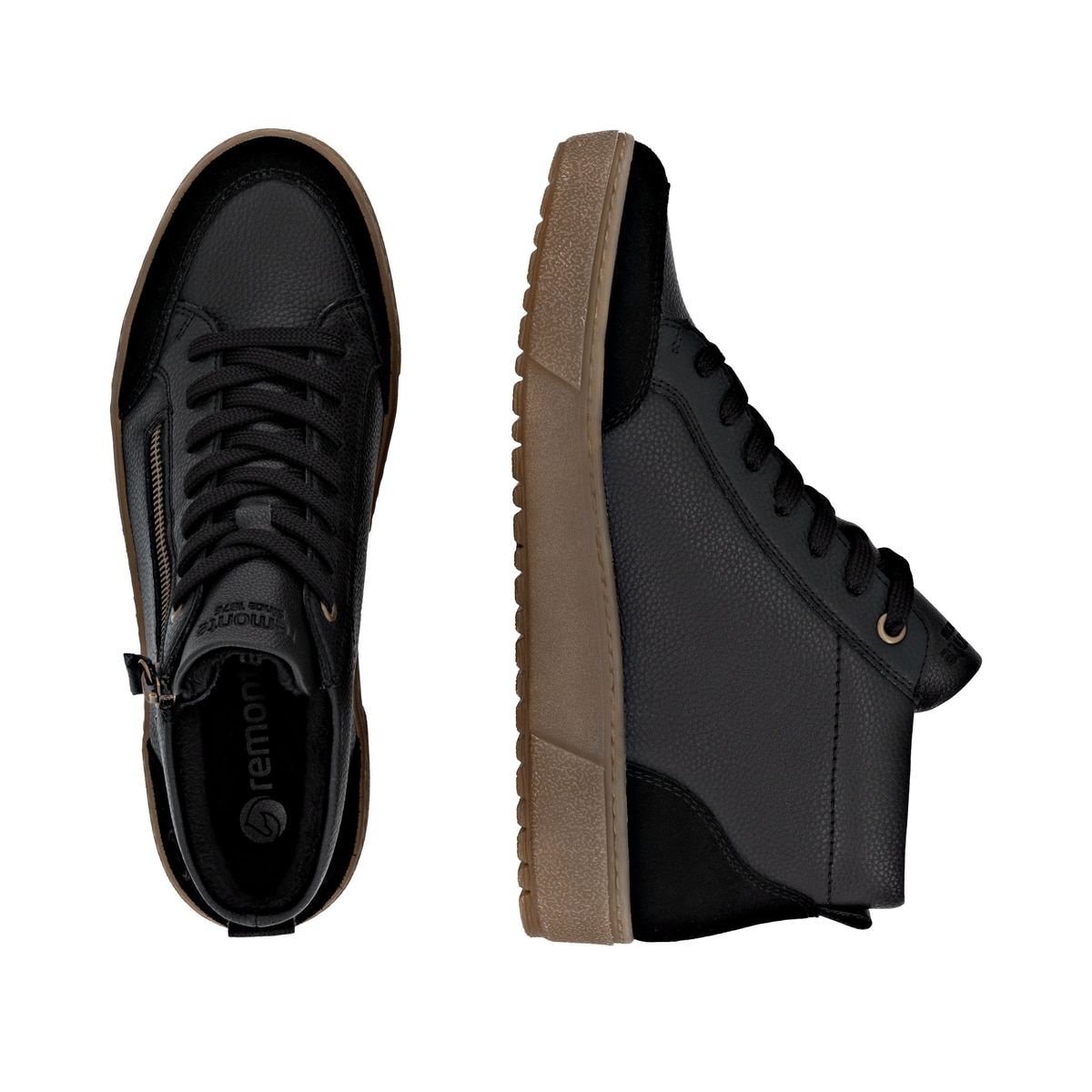 Schwarze remonte Damen Kurzstiefel D2T71-00 mit wasserabweisender TEX-Membran. Schuh von oben, liegend.