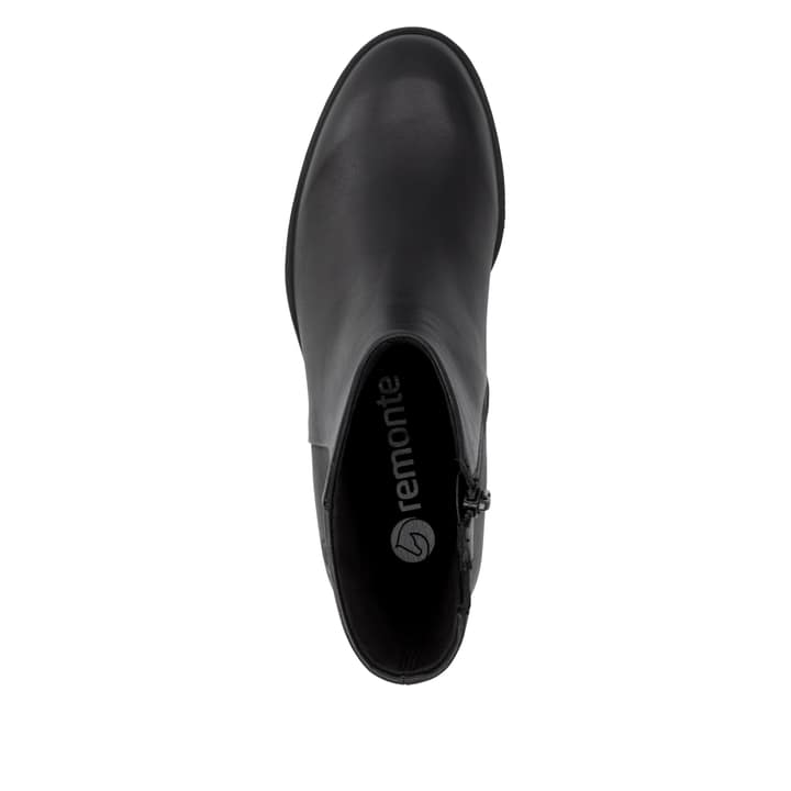 Schwarze remonte Damen Stiefeletten D3U73-00 mit einem Reißverschluss. Schuh von oben.