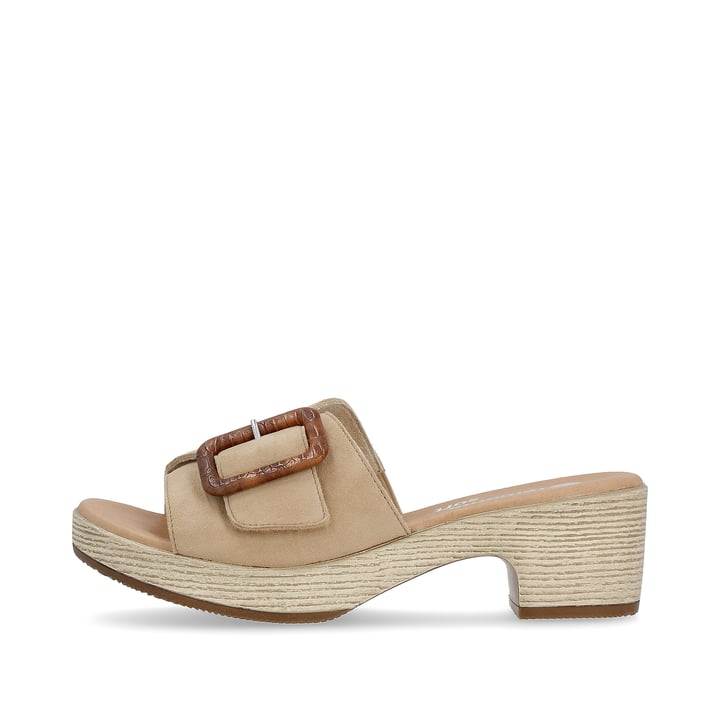 Lehmbeige remonte Damen Pantoletten D0N56-60 mit einem Klettverschluss. Schuh Außenseite.
