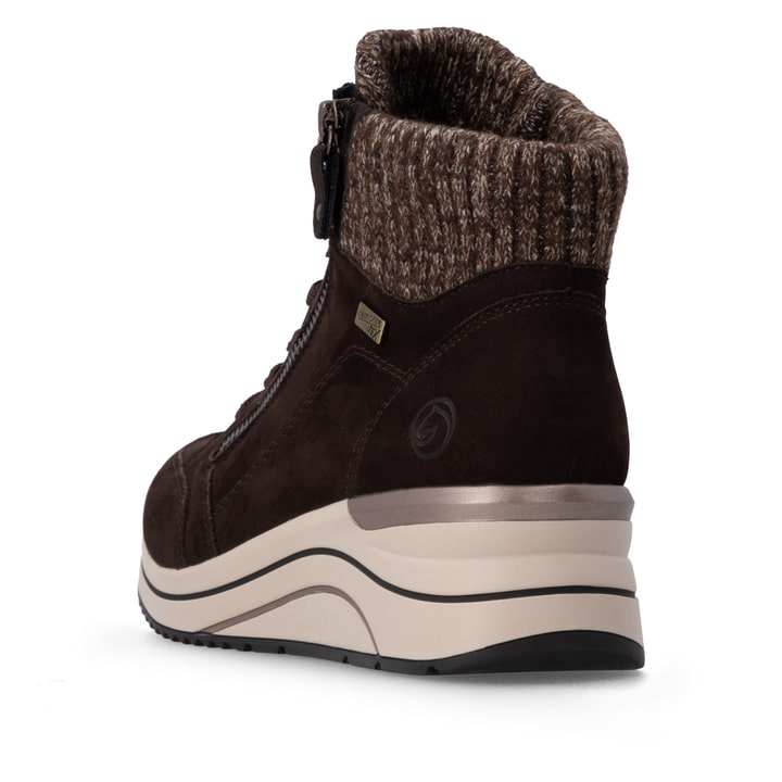 Dunkelbraune remonte Damen Schnürstiefel D0T77-25. Schuh von hinten.