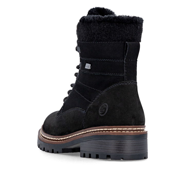 Schwarze remonte Damen Schnürstiefel D0B81-00 mit wasserabweisender TEX-Membran. Schuh von hinten.