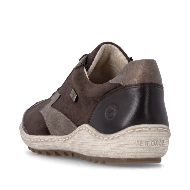 Dunkelbraun-bronzene remonte Damen Schnürschuhe R1443-25. Schuh von hinten.