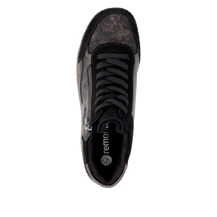 Schwarz-bronzene remonte Damen Schnürstiefel R1452-03 mit einem Reißverschluss. Schuh von oben.