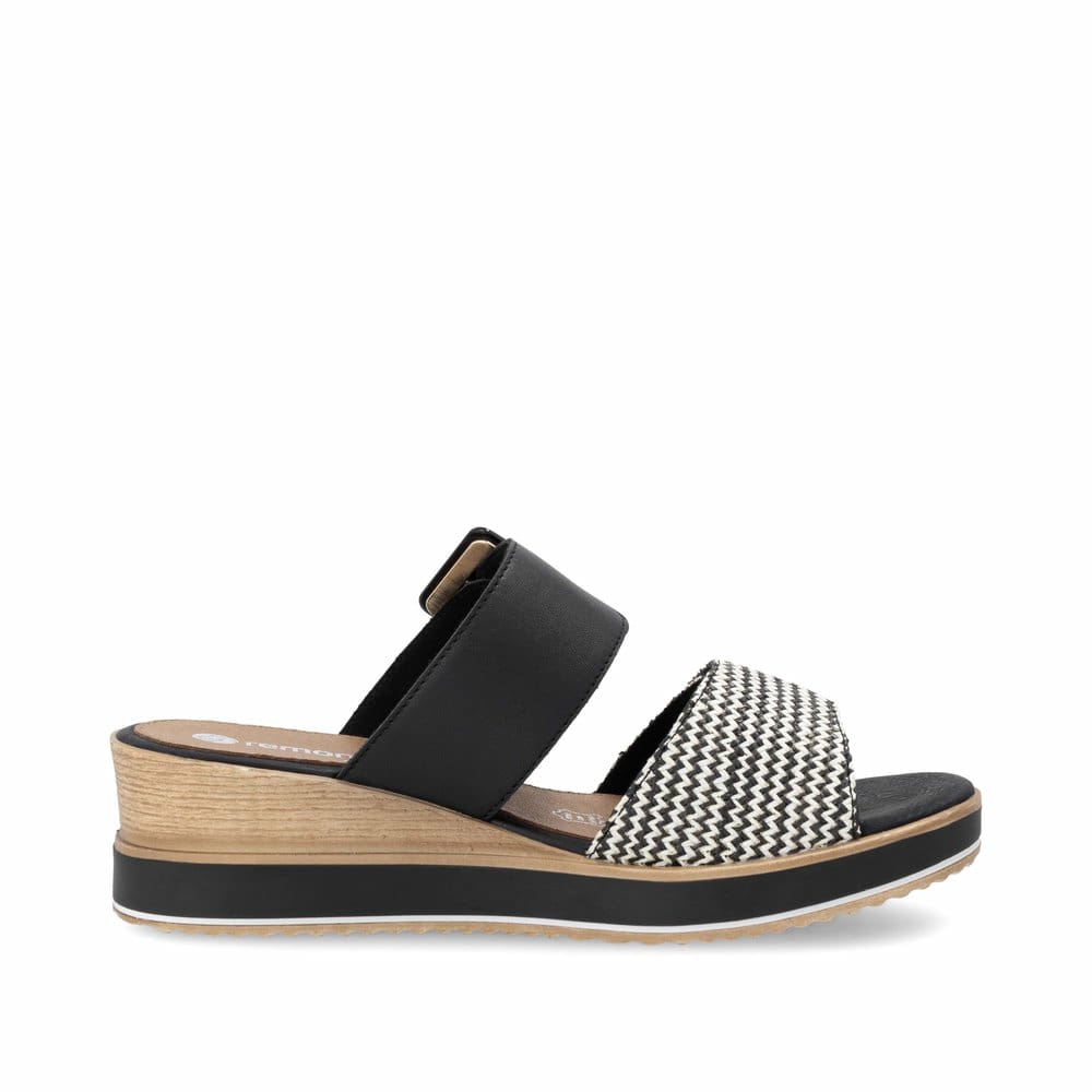 Schwarze remonte Damen Pantoletten D6463-03 mit einem Klettverschluss. Schuh Innenseite.