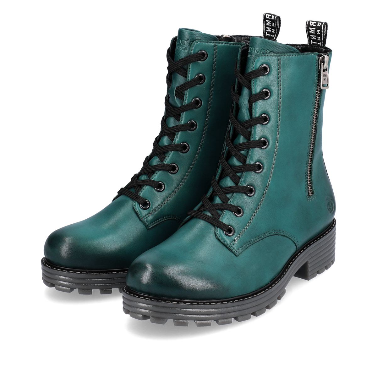 
Cyanblaue remonte Damen Schnürstiefel D0W71-12 mit Schnürung und Reißverschluss. Schuhpaar schräg.