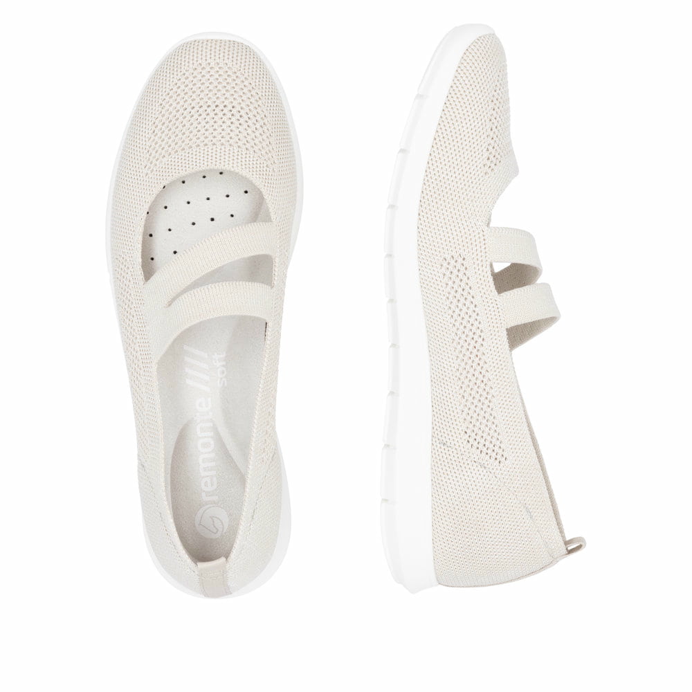 Beige remonte Ballerinas R7102-60 mit einem Gummizug sowie der Komfortweite G. Schuh von oben, liegend.