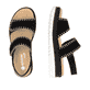 Schwarze remonte Riemchensandalen D3P50-02 mit handgestickten Nähten. Schuh von oben, liegend.