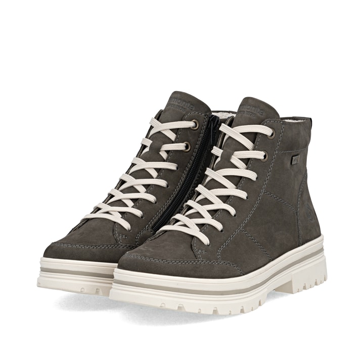 Graue remonte Damen Schnürstiefel D2U71-45 mit wasserabweisender TEX-Membran. Schuhpaar seitlich schräg.