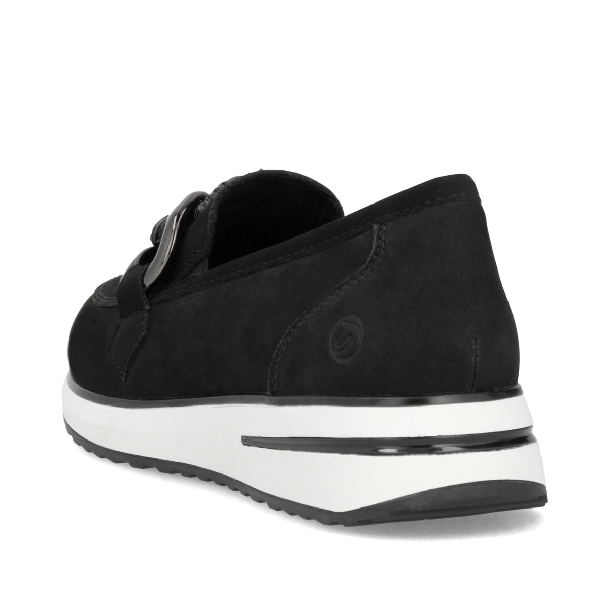 Schwarze remonte Damen Loafer D1G11-02 mit einem Gummizug. Schuh von hinten.