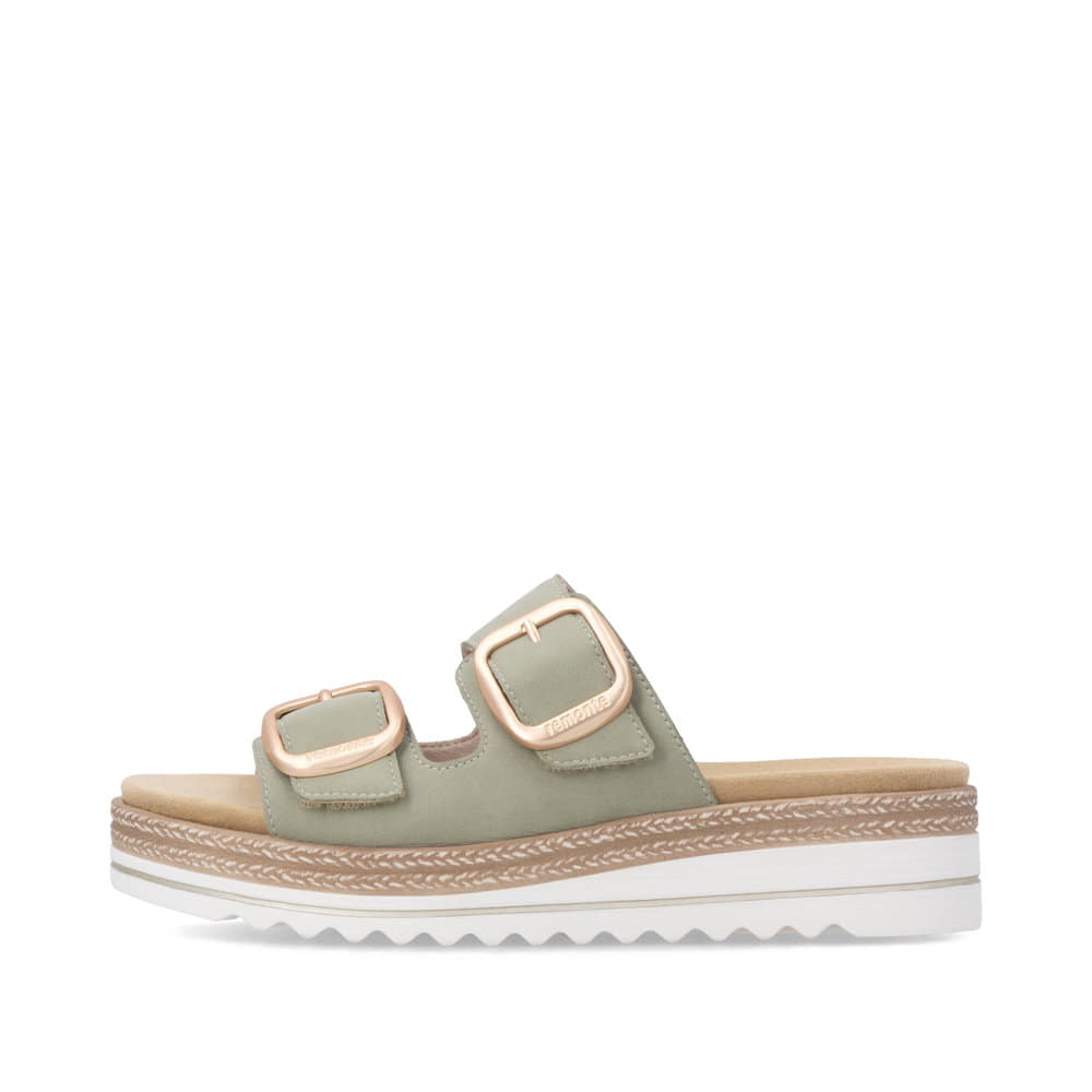 Mules remonte vertes pour femme D0Q66-52 avec boucle tendance. Côté extérieur de la chaussure.