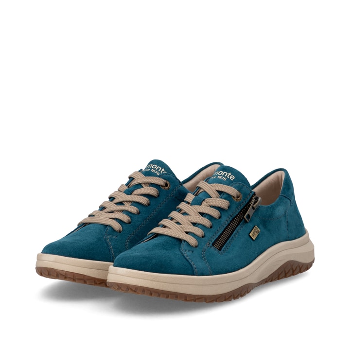 Petrolfarbene remonte Damen Schnürschuhe D3Q00-12. Schuhpaar seitlich schräg.