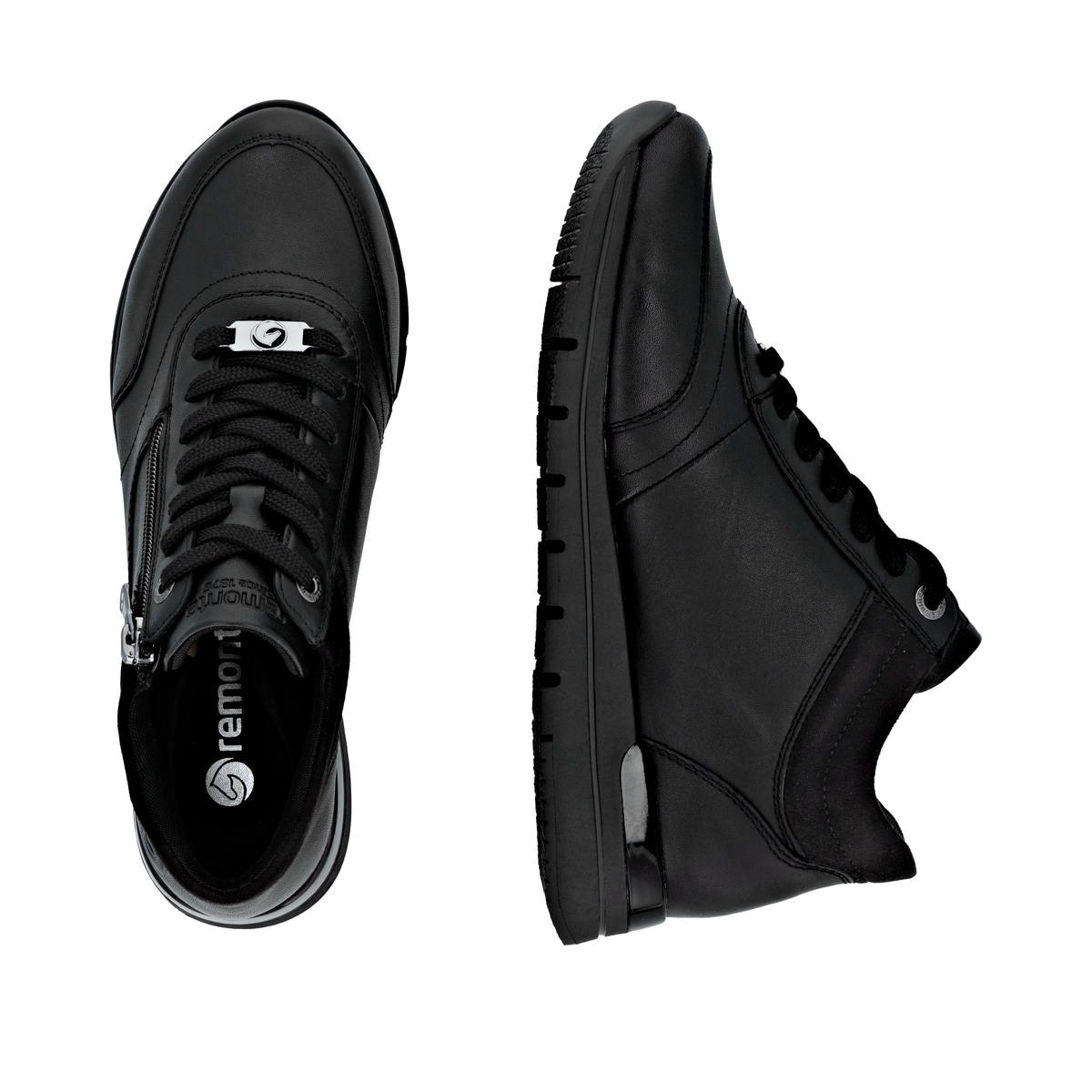 Schwarze remonte Damen Kurzstiefel R6775-00 mit wasserabweisender TEX-Membran. Schuh von oben, liegend.