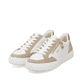 Weiße remonte Damen Sneaker Low D2J01-82 mit Reißverschluss sowie Komfortweite G. Schuhpaar seitlich schräg.