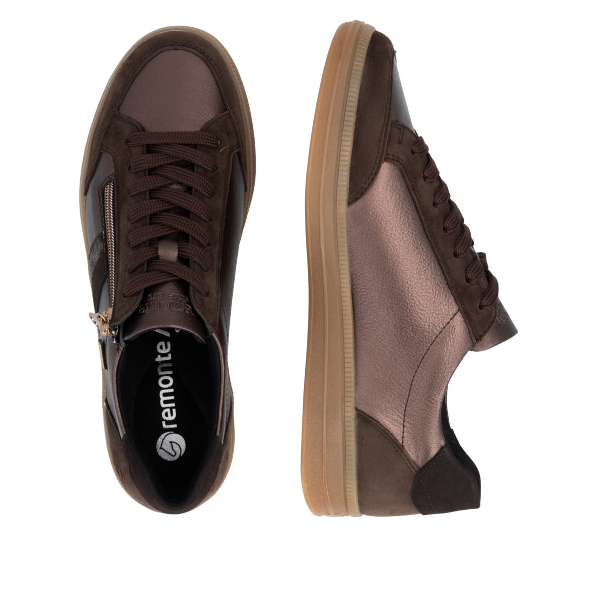 Dunkelbraun-bronzene remonte Damen Sneaker D2C04-90. Schuh von oben, liegend.