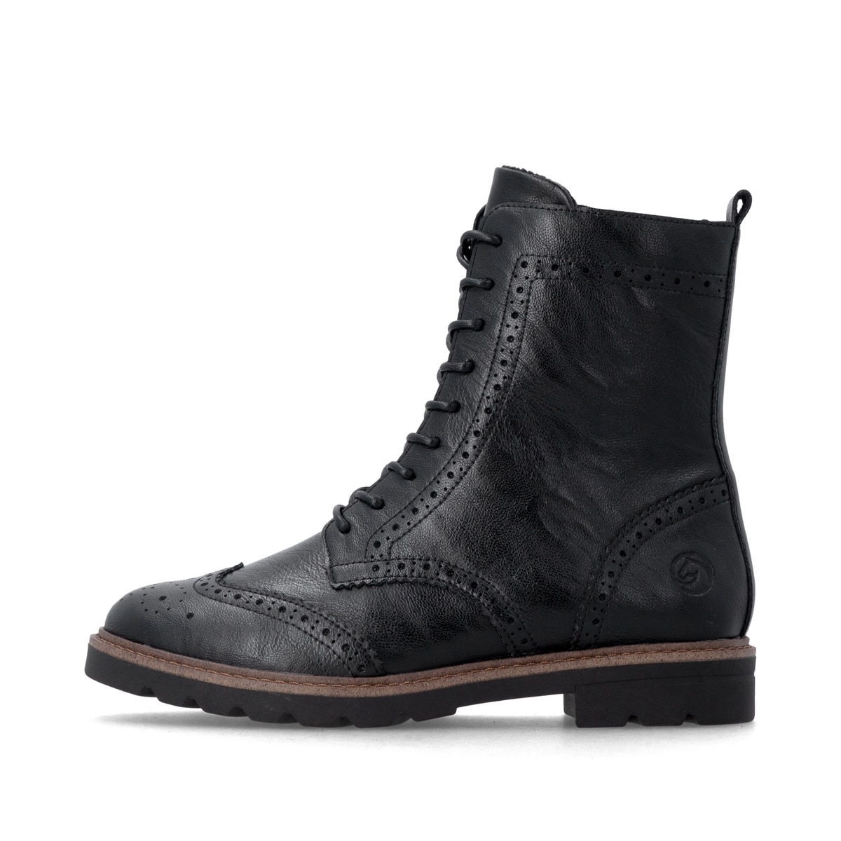 Schwarze remonte Damen Schnürstiefel D2Q73-00 mit einem Reißverschluss. Schuh Außenseite.