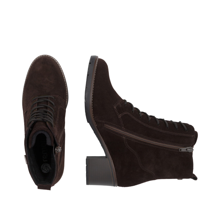 Dunkelbraune remonte Damen Schnürstiefel D2A80-25. Schuh von oben, liegend.