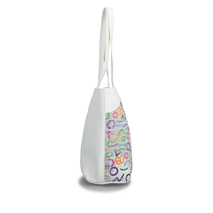 Sac à main remonte Q0772-80 blanc avec tissu en maille brodée colorée avec fermeture magnétique. Côté droit.
