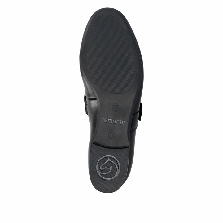 Schwarze remonte Ballerinas D0K14-00 mit einem Klettverschluss. Schuh Laufsohle.