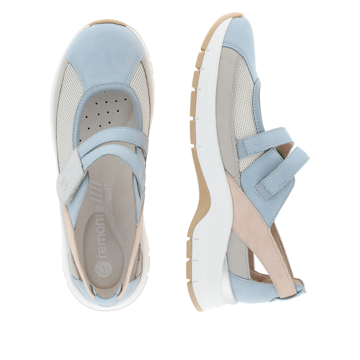 Blaue remonte Ballerinas D0G08-10 mit einem Klettverschluss sowie Extraweite H. Schuh von oben, liegend.