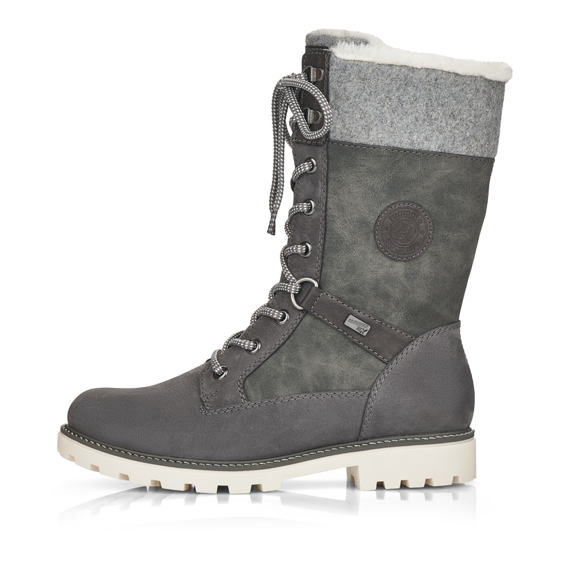 Staubgraue remonte Damen Schnürstiefel D8474-45 mit einer flexiblen Profilsohle. Schuh Außenseite