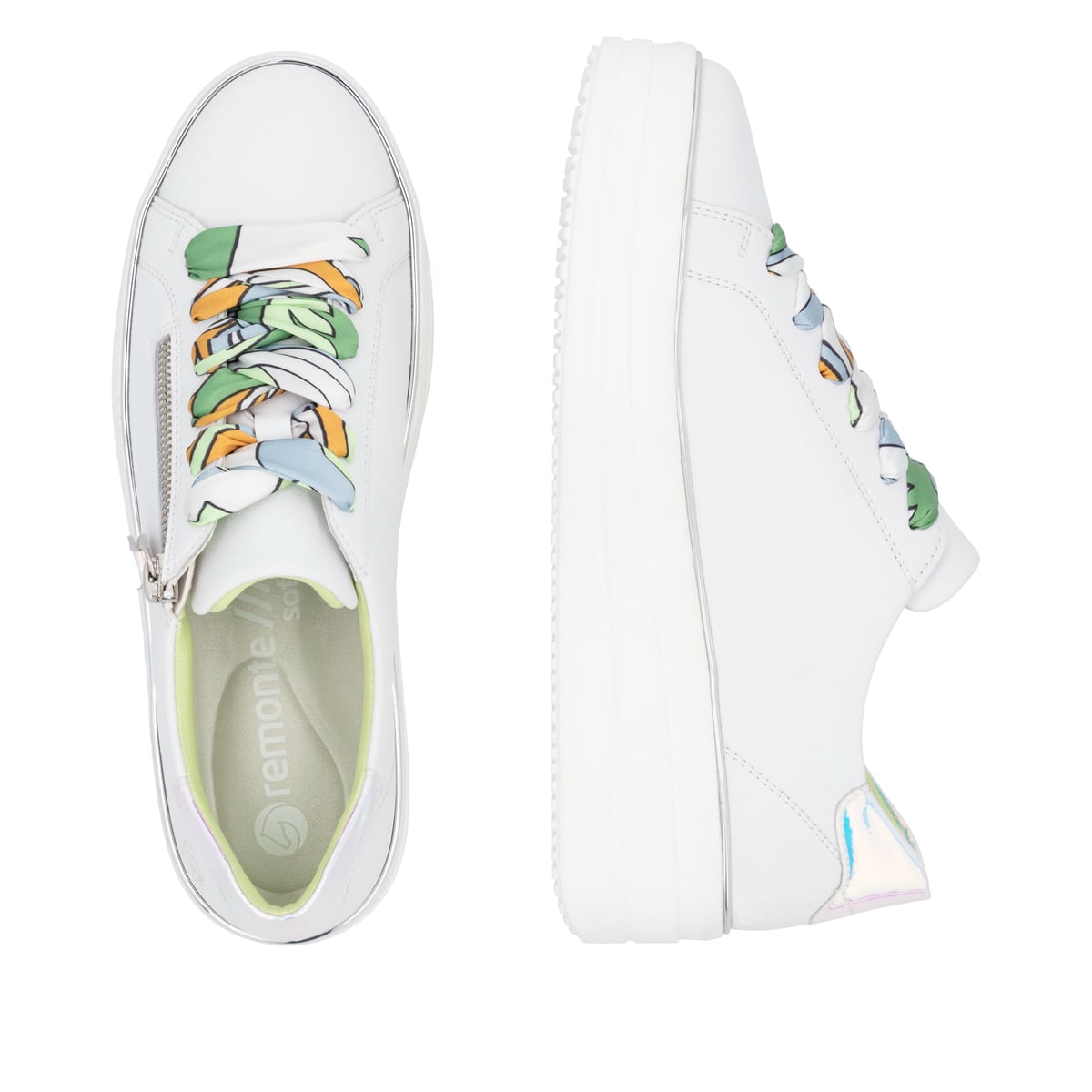 Weiße remonte Damen Sneaker Low D1C06-80 mit Reißverschluss sowie Komfortweite G. Schuh von oben, liegend.