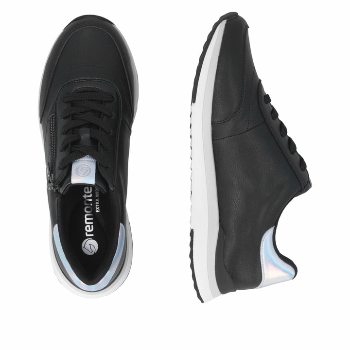Schwarze remonte Damen Sneaker Low D3F00-03 mit einem Reißverschluss. Schuh von oben, liegend.