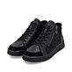 Schwarze remonte Damen Sneaker D2E70-00 mit Reißverschluss sowie Komfortweite G. Schuhpaar seitlich schräg.