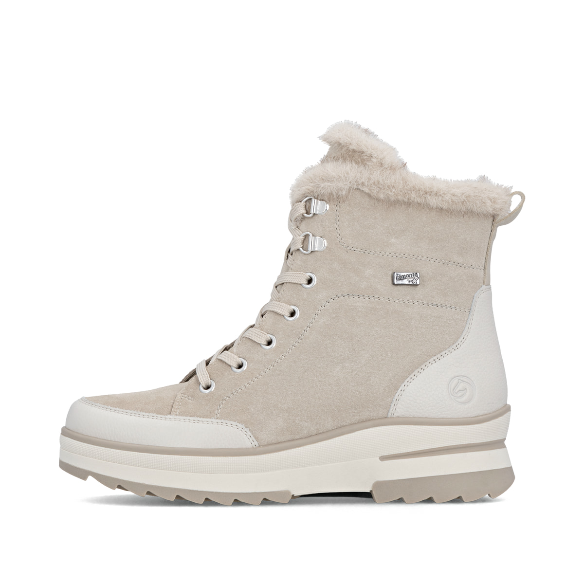 Beige remonte Damen Schnürstiefel D2B76-62 mit griffiger Glass-Fibre Sohle. Schuh Außenseite.