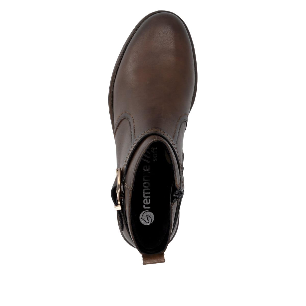 Braune remonte Damen Stiefeletten D0F81-22 mit Deko-Schnalle. Schuh von oben.