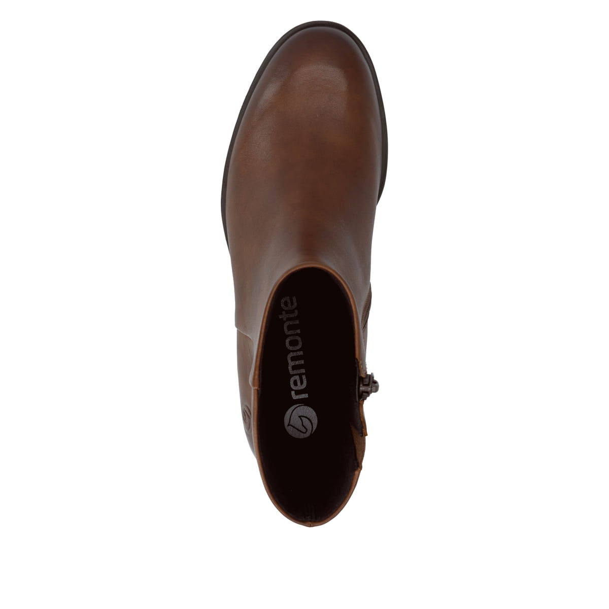 Braune remonte Damen Stiefeletten D3U73-22 mit einem Reißverschluss. Schuh von oben.