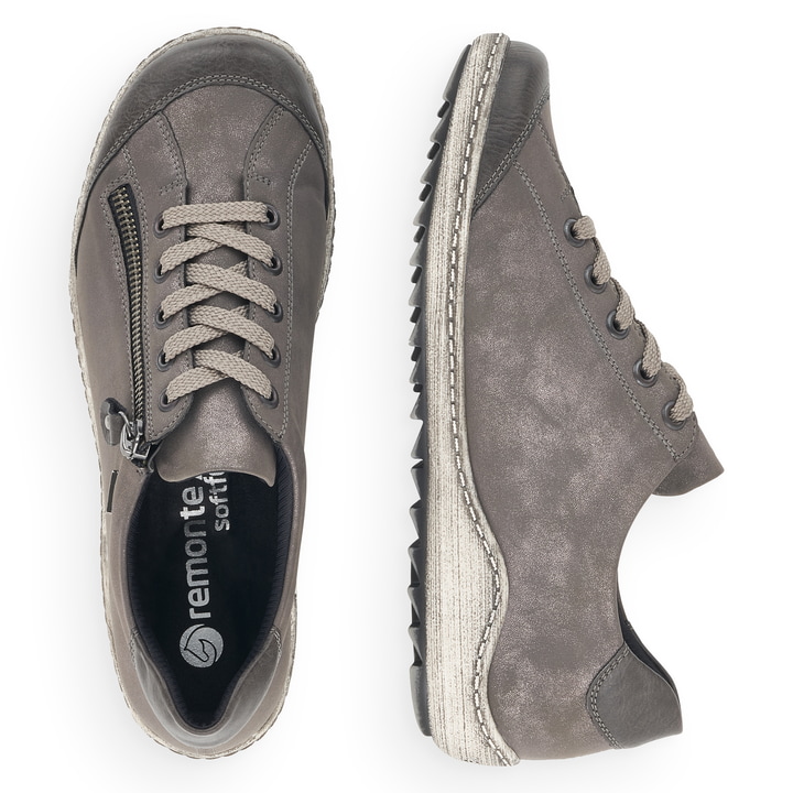Graue remonte Damen Schnürschuhe R1402-44 mit wasserabweisender TEX-Membran. Schuh von oben, liegend.