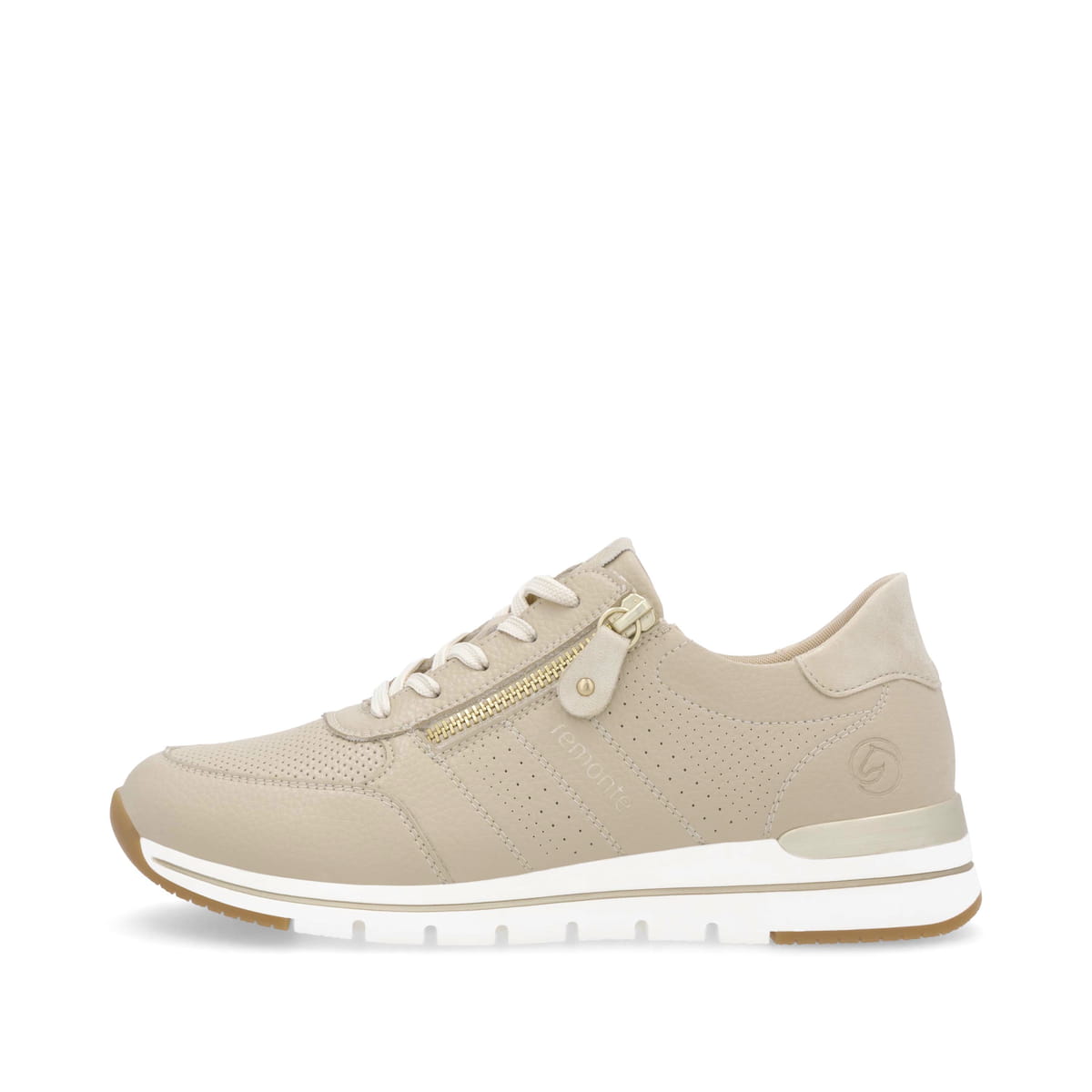Beige remonte Damen Sneaker Low R6705-61 mit Reißverschluss sowie Komfortweite G. Schuh Außenseite.