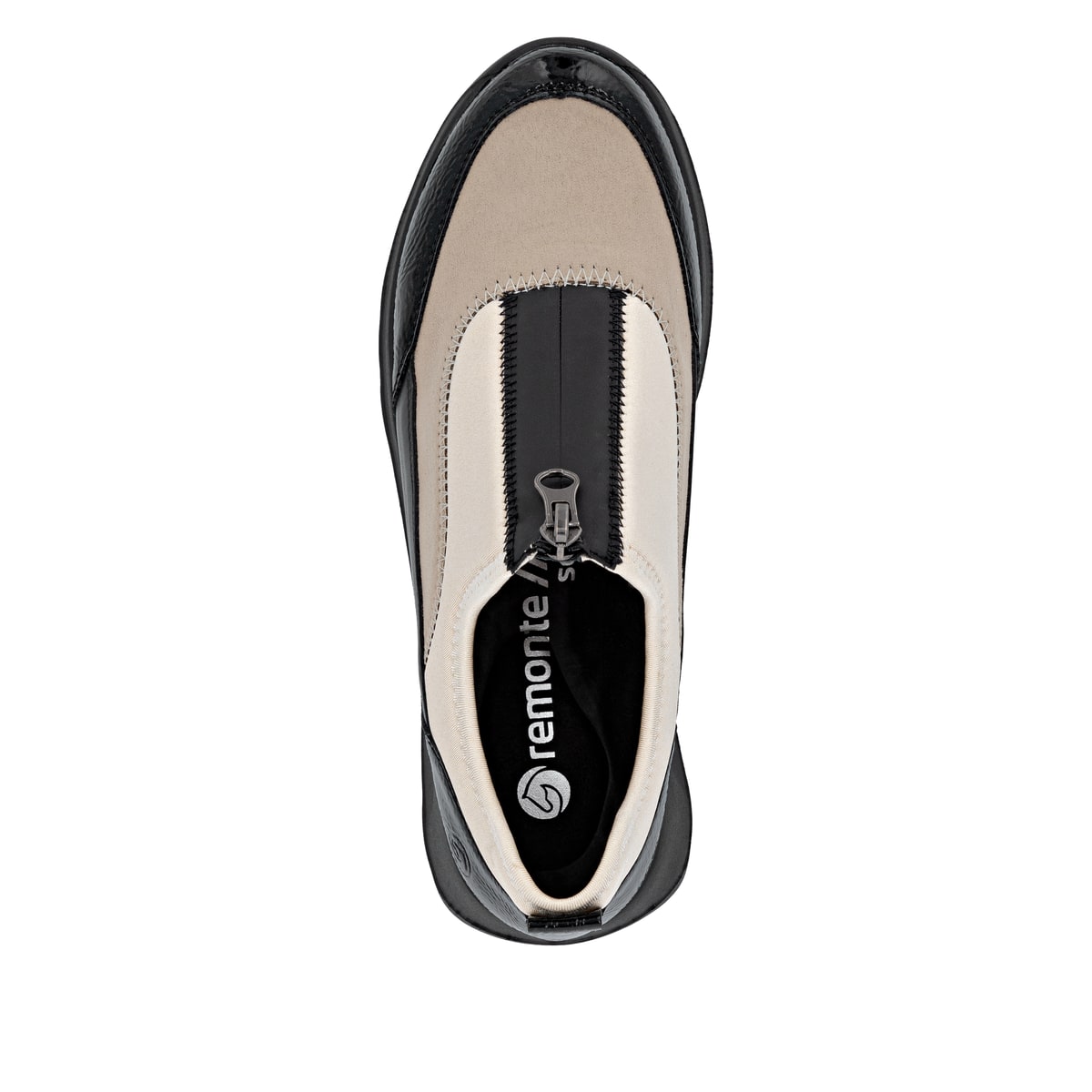 Beige remonte Damen Slipper D2V01-60 mit einem Reißverschluss sowie Extraweite H. Schuh von oben.