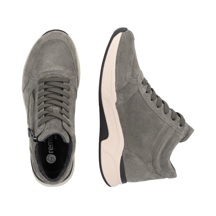 Graue remonte Damen Sneaker D3V71-45 mit wasserabweisender TEX-Membran. Schuh von oben, liegend.