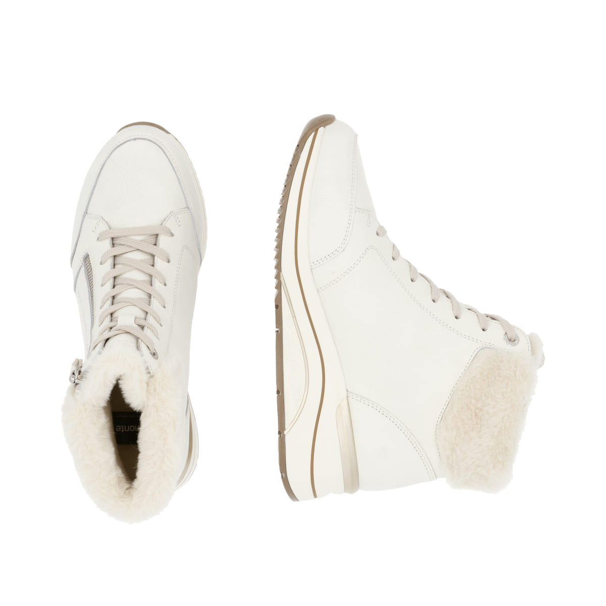 Weiße remonte Damen Schnürstiefel D0T77-80 mit wasserabweisender TEX-Membran. Schuh von oben, liegend.