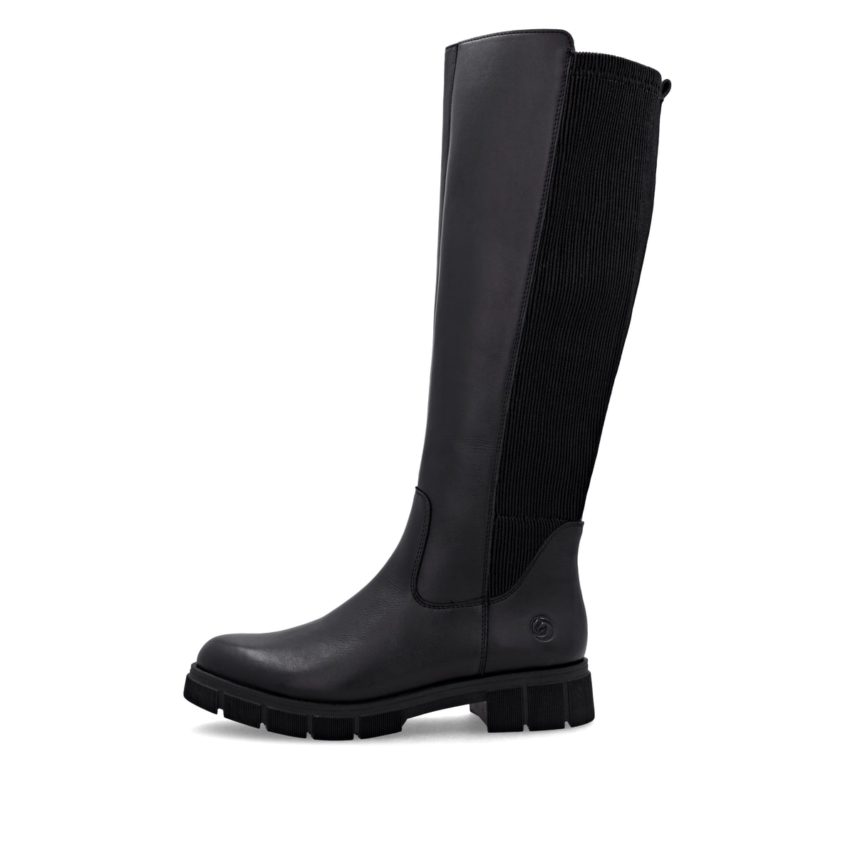Schwarze remonte Hochschaftstiefel D2S74-00 mit einem Reißverschluss. Schuh Außenseite.