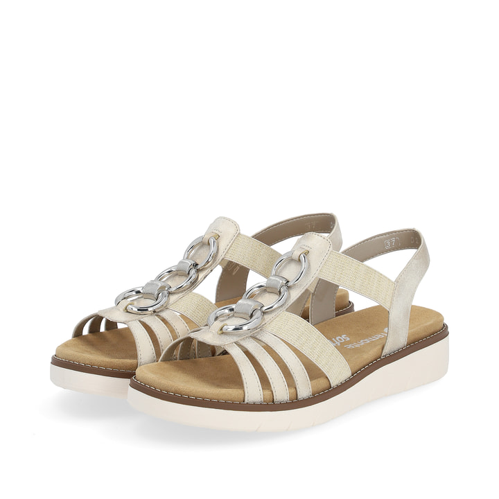 Beige vegane remonte Riemchensandalen D2073-60 mit einem Gummizug. Schuhpaar seitlich schräg.