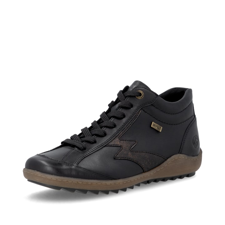 Schwarz-bronzene remonte Damen Schnürstiefel R1454-03. Schuh seitlich schräg.
