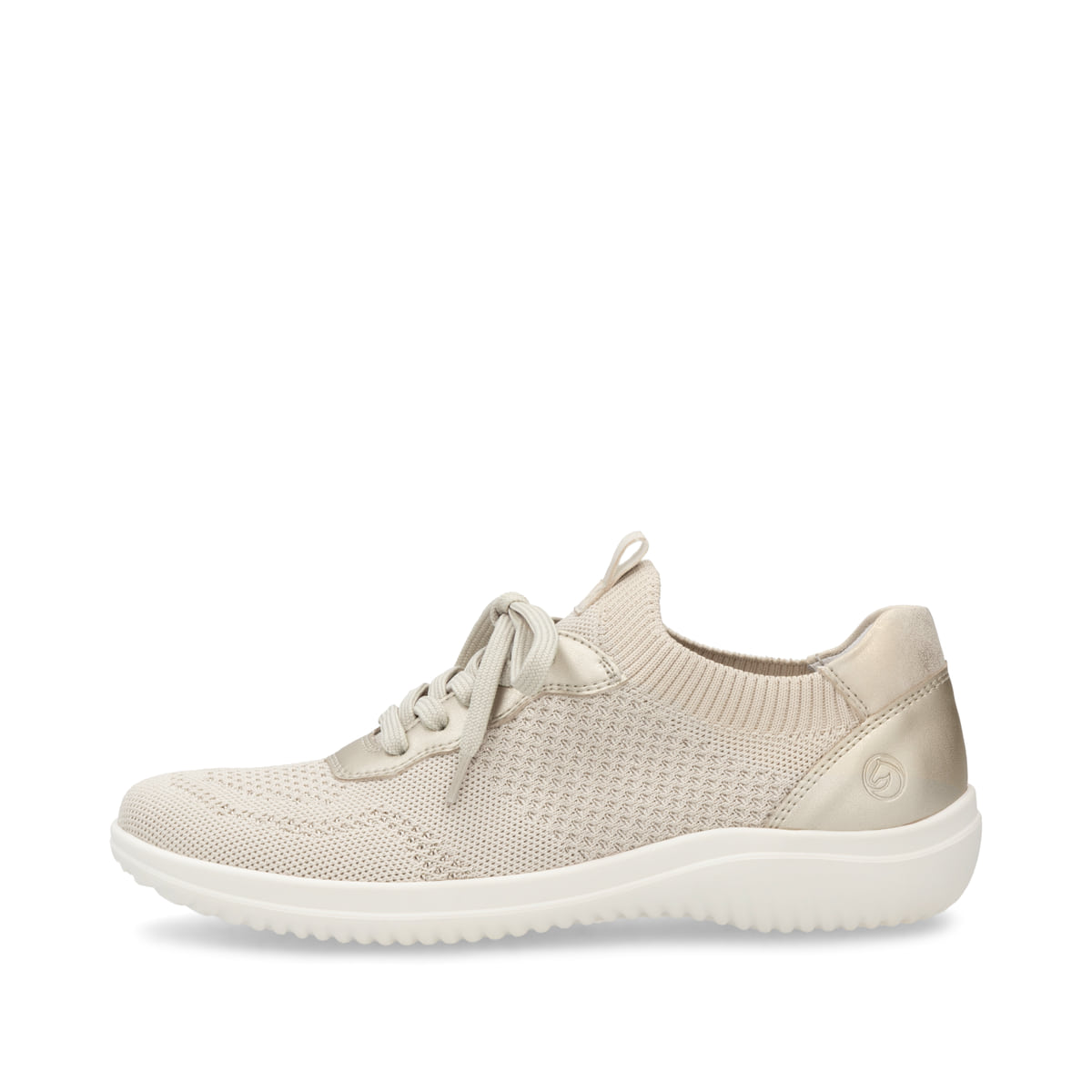 Beige remonte Damen Slipper D1E05-60 mit einem Gummizug sowie der Komfortweite G. Schuh Außenseite.