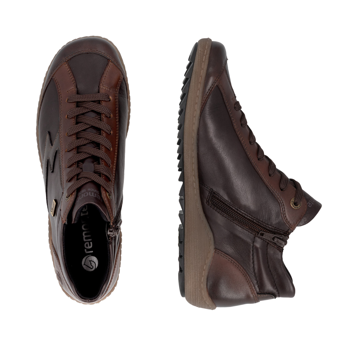 Braun-bronzene remonte Damen Schnürstiefel R1454-26. Schuh von oben, liegend.