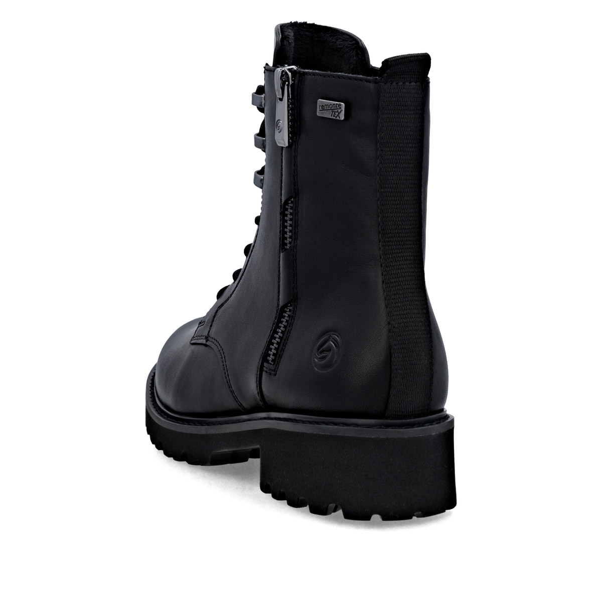 Schwarze remonte Damen Schnürstiefel D8656-00 mit wasserabweisender TEX-Membran. Schuh von hinten.