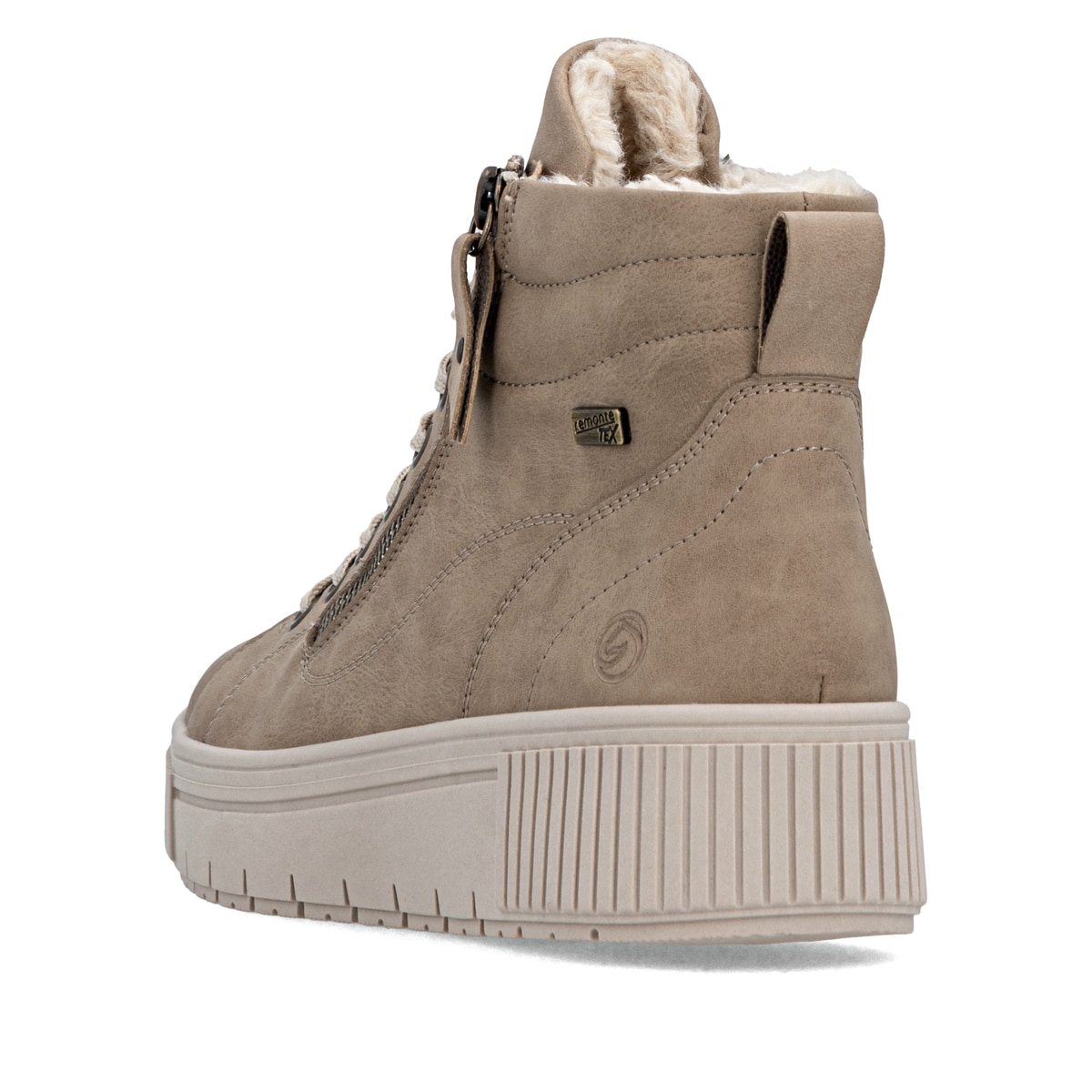 Braune remonte Damen Kurzstiefel D3B71-20 mit wasserabweisender TEX-Membran. Schuh von hinten.