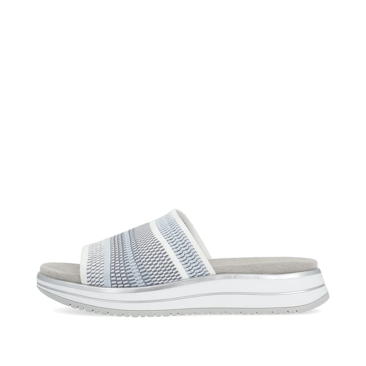 Blaue remonte Damen Pantoletten D1J54-10 mit Gummizug sowie weicher Einlegesohle. Schuh Außenseite.